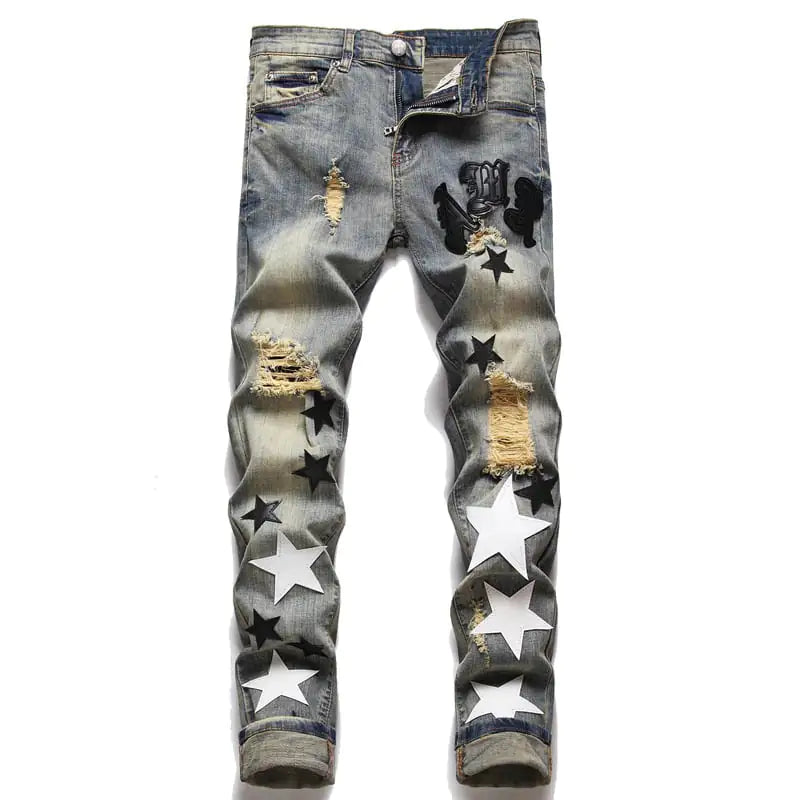 Embroidered Cotton Men's Jeans for Summer Street Wear